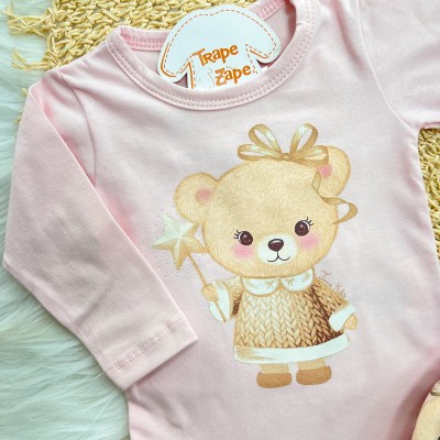 Conj. Body Manga Longa Ursinha, Saia e Faixinha em Plush - Rosa
